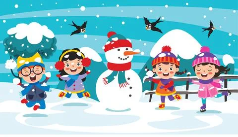 Funny Kids Playing At Winter Stock Illustration