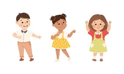 Funny Kids Pointing at Something with Extending Hand and Index Finger Vector Set Illustrazione stock