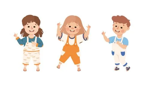 Funny Kids Pointing at Something with Extending Hand and Index Finger Vector Set Illustrazione stock