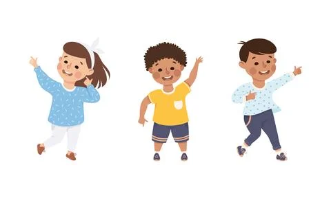 Funny Kids Pointing at Something with Extending Hand and Index Finger Vector Set Illustrazione stock