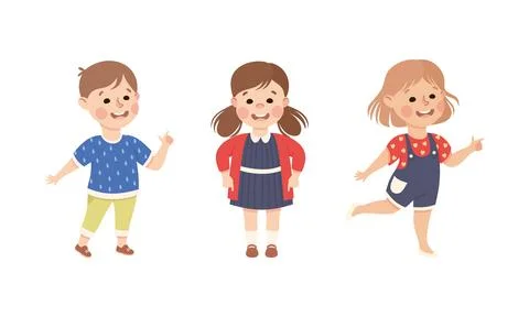 Funny Kids Pointing at Something with Extending Hand and Index Finger Vector Set Illustrazione stock