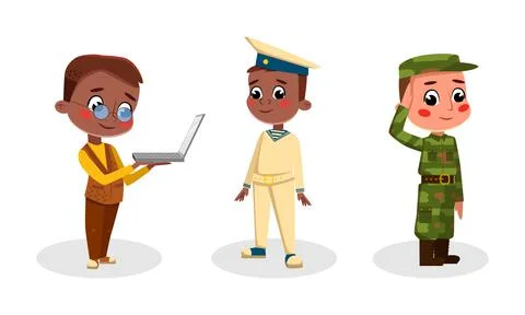 Funny kids of various professions set. Soldier, sailor, computer programmer Stock-Illustration