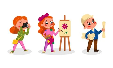 Funny kids of various professions set. Artist, engineer, photographer cartoon 스톡 일러스트
