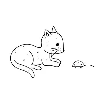 Funny kitten playing with a toy mouse. Hand drawn doodle style. Vector illust Stock Illustration