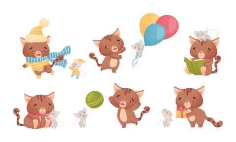 Funny Kitten with Striped Tail Playing with Tiny Mouse Friend Vector Set Stock Illustration
