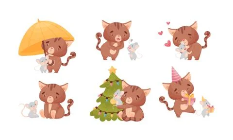 Funny Kitten with Striped Tail Playing with Tiny Mouse Friend Vector Set Stock Illustration