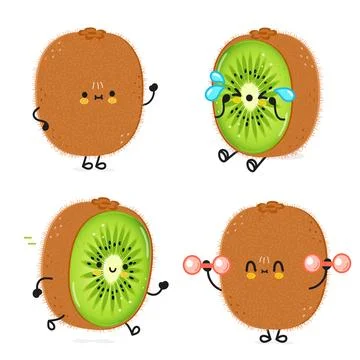 Funny Kiwi fruit characters bundle set. Vector hand drawn doodle style cart.. Stock Illustration