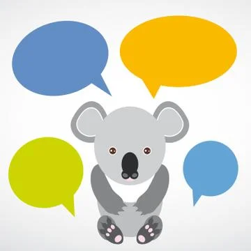 Funny koala with colored speech bubbles on white background. vec Stock Illustration