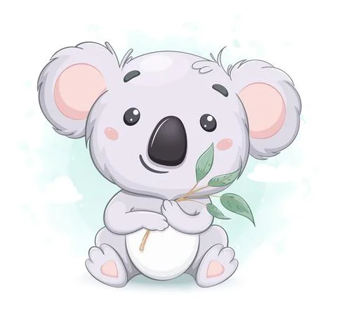 Funny koala with eucalyptus branch. Cute cartoon character Stock Illustration