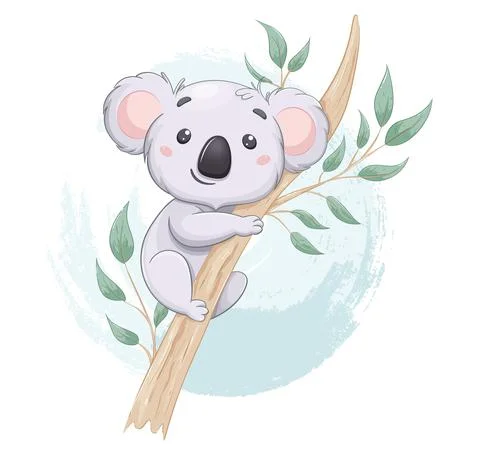 Funny koala on eucalyptus tree. Cute cartoon character. Stock Illustration