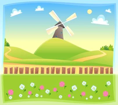 Funny landscape with windmill. Stock-Illustration
