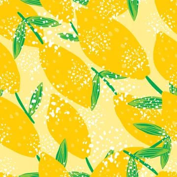 Funny lemon with leaf seamless pattern on yellow background. 스톡 일러스트