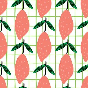 Funny lemon with leaf seamless pattern . Hand drawn citrus fruits. Stock Illustration