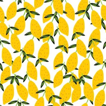 Funny lemon with leaf seamless pattern. Hand drawn citrus fruits wallpaper. 스톡 일러스트