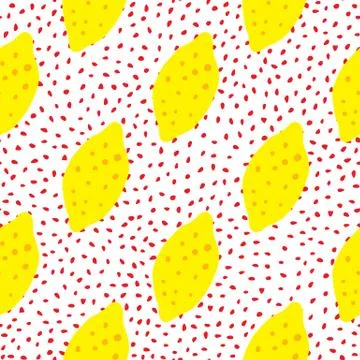 Funny lemon with leaf seamless pattern on dots background. Hand drawn citrus  Illustrazione stock
