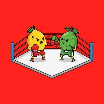 Funny Lemon vs Lime Boxing Match Cartoon Mascots in Ring Stock Illustration