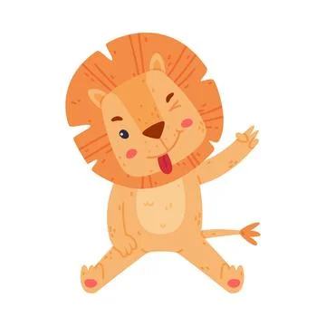 Funny Lion Character with Mane Winking and Sticking Out Tongue Vector Ilustración de archivo