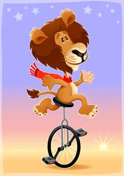 Funny lion on a monocycle Stock Illustration