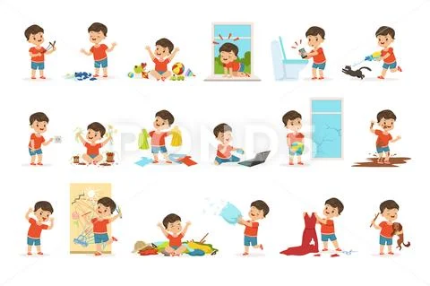 Funny little boy playing games and making mess Stock Illustration