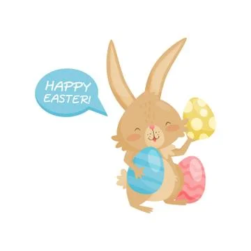Funny little bunny with Easter eggs. Cute brown rabbit with long ears and short Stock Illustration
