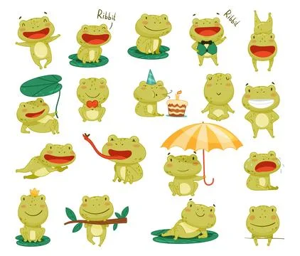 Funny Little Frog Character Engaged in Different Activity Big Vector Set Stock Illustration