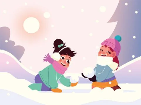 Funny little girls with warm clothes playing in the snow, winter scene Stock Illustration