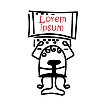 Funny little man working at the computer in the office. Hand-drawn illustrati Stock Illustration