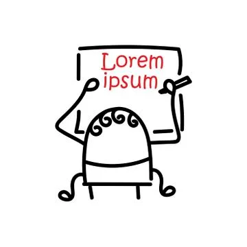 A funny little man writes on a large sheet of paper. Hand-drawn illustration, Stock Illustration