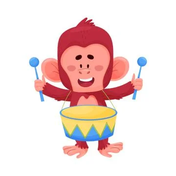Funny Little Red Monkey Beating In Drum Vector Illustration Cartoon Character Stock Illustration