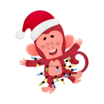Funny Little Red Monkey Dancing In Santa Claus Costume Vector Illustration Stock Illustration