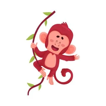 Funny Little Red Monkey Hanging On Tree Vector Illustration Cartoon Character Stock Illustration