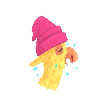 Funny llama character in pink hat, cute alpaca animal cartoon vector Stock Illustration