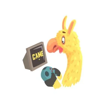 Funny llama character playing computer games, cute alpaca animal cartoon vector Stock Illustration