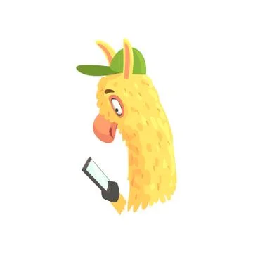 Funny llama character using mobile phone, cute alpaca animal cartoon vector Stock Illustration