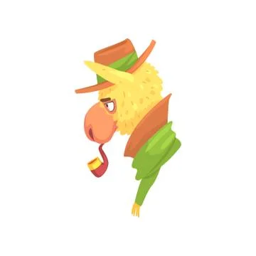 Funny llama character wearing hat smoking pipe, cute alpaca animal cartoon Stock Illustration