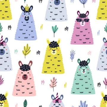 Funny llama faces seamless pattern. Bright background in Scandinavian style with Stock Illustration