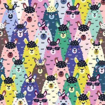 Funny llamas colorful seamless pattern. Childish background with cute alpaca Stock Illustration