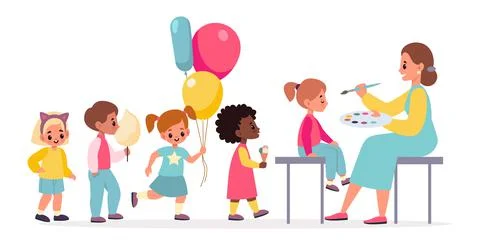 Funny makeup. Painted children faces woman makes party makeover for kids, happy Illustrazione stock