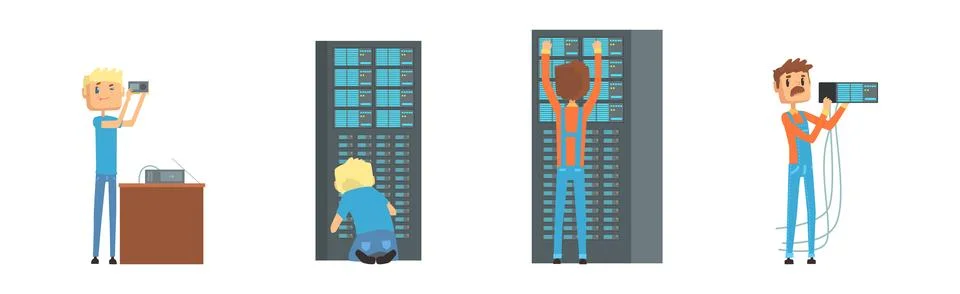 Funny Male Sysadmin Character Work with Server Vector Set Stock Illustration