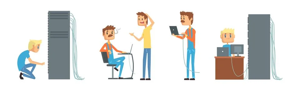 Funny Male Sysadmin Character Work with Server Vector Set Stock Illustration