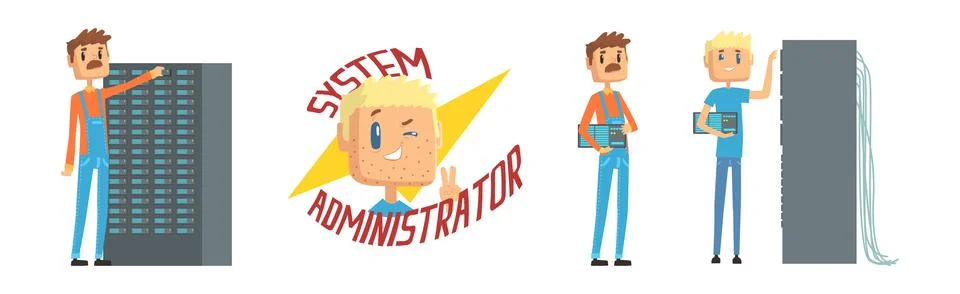 Funny Male Sysadmin Character Work with Server Vector Set Stock Illustration