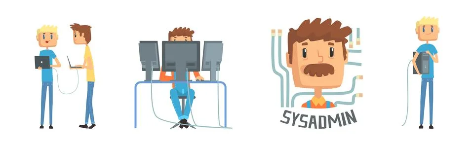 Funny Male Sysadmin Character Work with Server Vector Set Stock Illustration