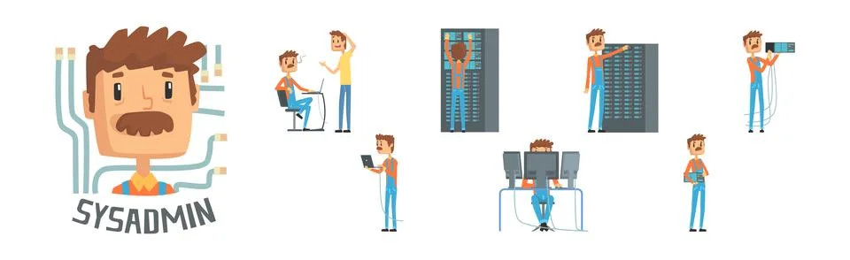 Funny Male Sysadmin Character Work with Server Vector Set Illustrazione stock
