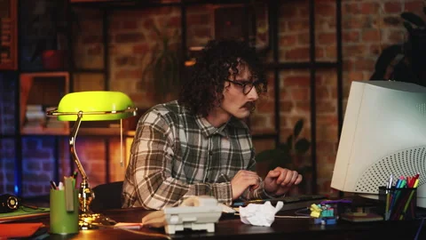 Funny man from 90s having problems with computer, shocked by hacked account Stock Footage 321072231