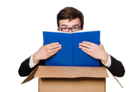 Funny man with boxes isolated on white Stock Photos