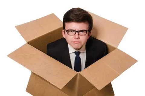Funny man with boxes isolated on white Stock Photos
