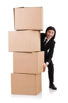 Funny man with boxes on white Stock Photos