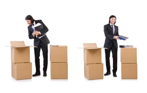 Funny man with boxes on white Foto stock