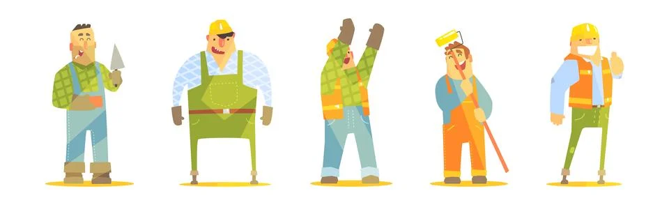 Funny Man Builder Character Work at Construction Site Vector Set Stock Illustration