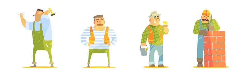 Funny Man Builder Character Work at Construction Site Vector Set Stock Illustration